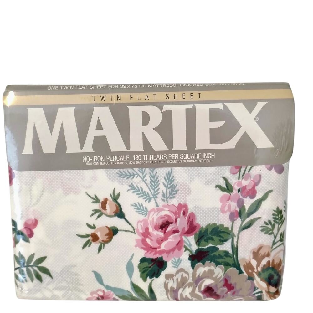 Martex Pink Floral Lasalle II Twin Flat Sheet No Iron Percale Cotton Blend NEW